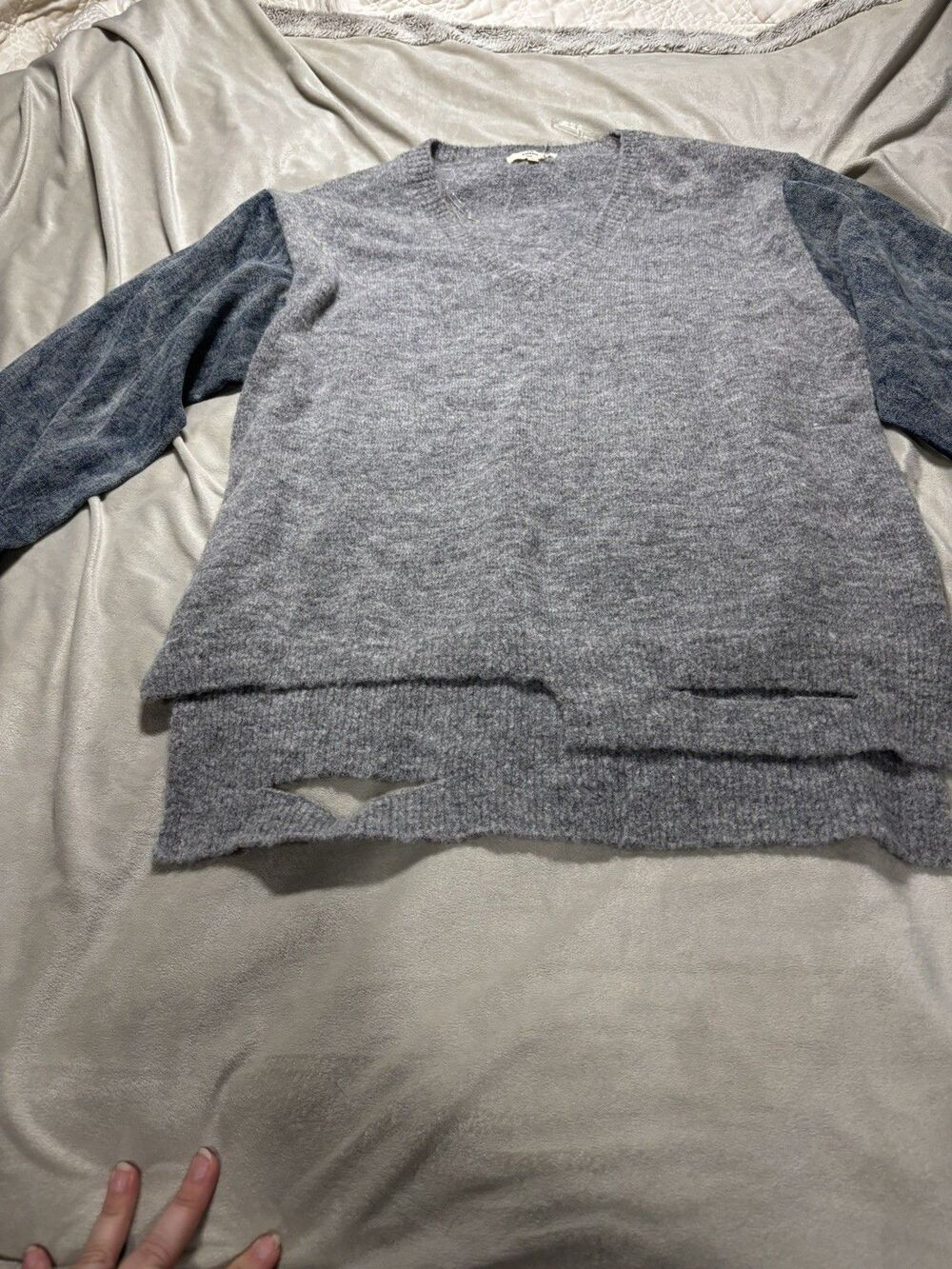 Entro Gray V-Neck denim sleeve contrast distressed sweater casual mixed Large